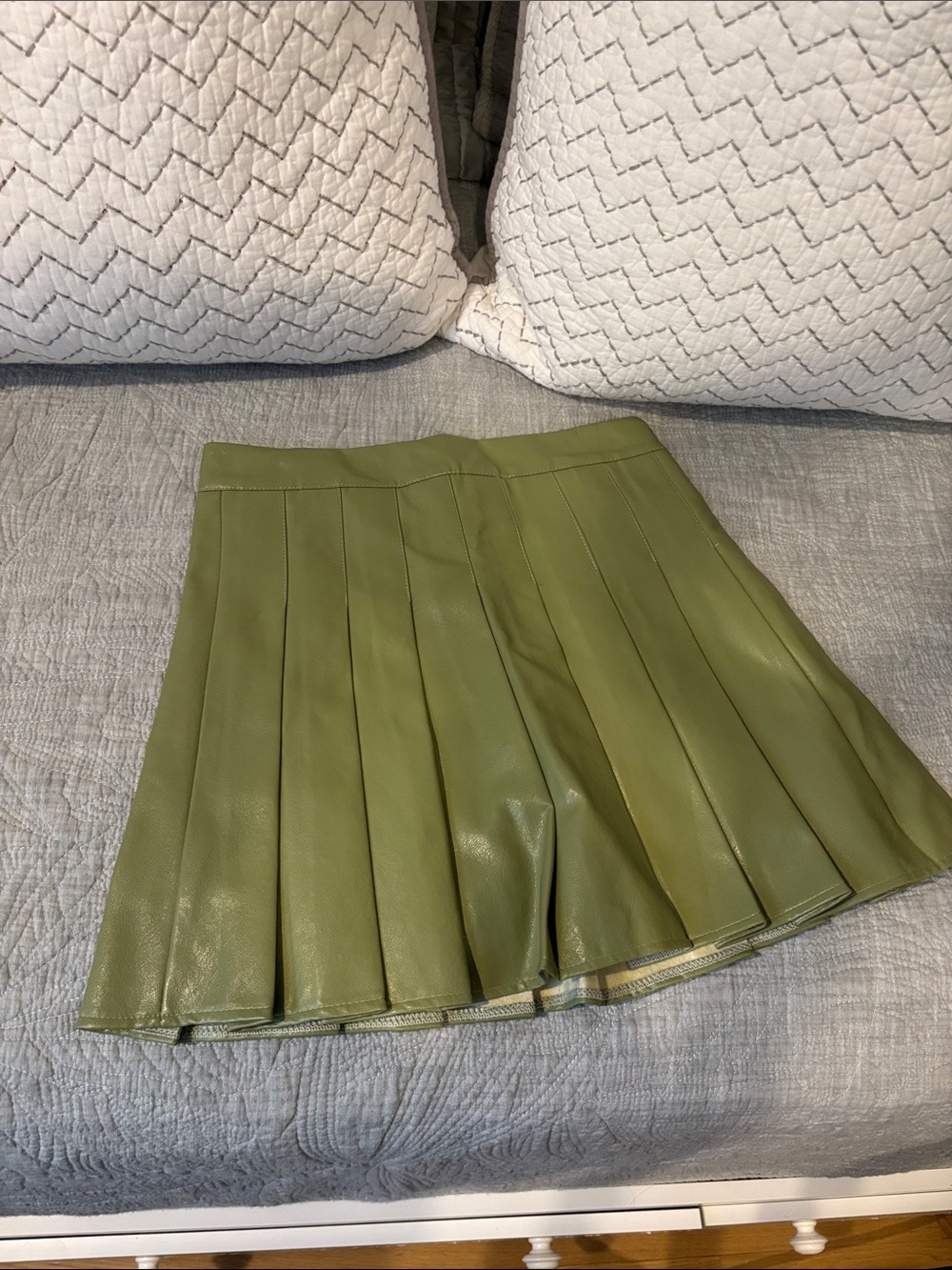 Pleated Olive Green Faux Leather Mini Skirt